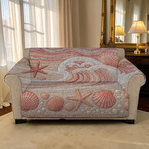Seaside Shells Quilted Sofa Cover, Sand & Surf Furniture Protector, Luxury Sofa Cover, Coastal Starfish Custom Sofa Seat Cover Slipcover