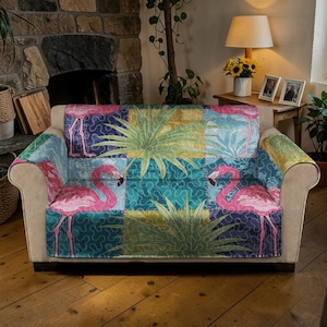 Tropical Flamingo Palm Quilted Sofa Cover, Patchwork Jungle Furniture Protector, Luxury Exotic Nature Sofa Seat Cover, Island Style Decor