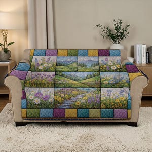 Puede incluir: Una funda de sofá colorida con un diseño de patchwork que presenta imágenes de paisajes y flores. La funda muestra una variedad de escenas, incluyendo campos de flores, cadenas montañosas y ríos. El patchwork incluye cuadrados azules, morados, amarillos y verdes.