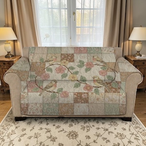 Vintage Aviary Patchwork Sofa Cover, Sweet Songbird & Bloom Couch Protector, Luxury Quilted Shabby Chic Decor, Custom Sofa Seat Cover