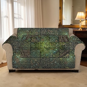 Deep Forest Quilted Furniture Wrap, Mystic Moss & Fern Couch Protector, Luxury Custom Sofa Skin, Secret Garden Greenery Slipcover