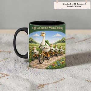 Off to Commit Mom Foolery 3D Duck Mug, Personalized Goose Family on Bicycles Coffee Cup, Custom Mother's Day Gift, Red Handle Animal Gift