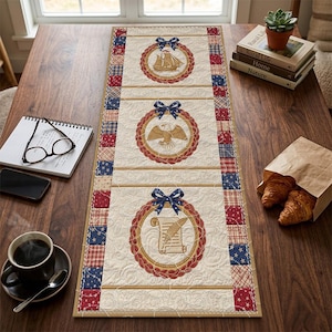 Patriotic Eagle Ship Quilted Table Runner, Colonial Wreath Patchwork Quilt, Red Blue Americana Table Decor, Historical Style Home Decoration