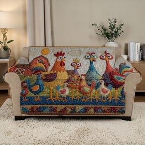 Puede incluir: Una funda de sofá decorativa con un diseño colorido de gallos y gallinas. La funda muestra una escena de granja con un granero, sol y varias gallinas en tonos vibrantes de rojo, azul, naranja y amarillo. La funda está colocada sobre un sofá beige.