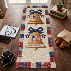 Puede incluir: Un camino de mesa patriótico con dos campanas de la libertad doradas, lazos azules y banderas americanas. El centro es crema, con un borde de patchwork rojo, blanco y azul. El texto "1776-2026 250th ANNIVERSARY" está presente.