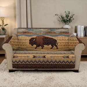 May include: A sofa cover featuring a detailed design of a bison in a landscape with mountains and a river. The cover has a brown, tan, and blue color palette with geometric and arrow patterns. The cover is placed on a beige sofa.