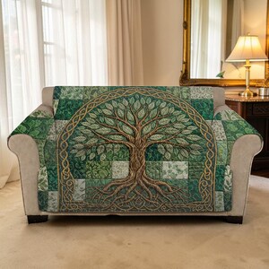 Luxury Sofa Cover, Green Mosaic Tree Pattern, Quilted Sofa Handcrafted Style, Custom Sofa Celtic Border Throw, Earthy Botanical Protector