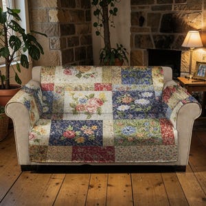 Może przedstawiać: Kwiatowa narzuta na sofę w stylu patchwork z różnymi wzorami i kolorami, w tym czerwonym, niebieskim i kremowym. Narzuta jest narzucona na beżową sofę, tworząc przytulny i zachęcający wygląd. Wzory kwiatowe obejmują róże i inne kwiaty.