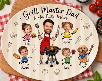 Plato personalizado para barbacoa "Papá Maestro Parrillero y sus Catadores", Bandeja personalizada con nombres de niños, Regalo del Día del Padre de parte de los hijos, Recuerdo para papá