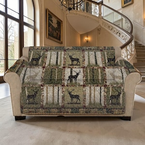 Rustic Forest Deer Quilted Sofa Cover, Luxury Stag Wildlife Pattern, Custom Furniture Protector, Cabin Style Woodland Animal Seat Cover