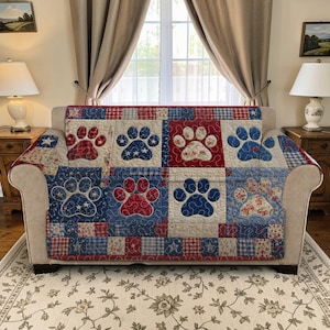 Multi-Color Patriotic Paw Print Couch Shield, Pet Friendly Americana Home Styling, Animal Lover Gift Idea, Custom Sofa Quilted Protector