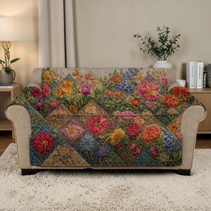 Puede incluir: Una funda de sofá con estampado floral y diseño patchwork, con vibrantes flores en tonos rojos, rosas, amarillos y azules. La funda está colocada sobre un sofá beige, creando un elemento decorativo colorido.