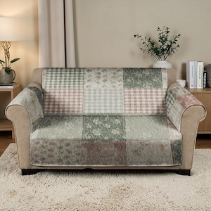 Shabby Chic Floral Patchwork Quilted Sofa Cover, Sage Green Gingham Couch Throw, Vintage Cottage Furniture Protector, Luxury Sofa Cover
