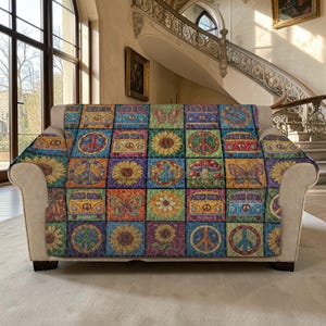 Flower Power Quilted Sofa Cover, Groovy 1970s Couch Shield, Peace & Love Furniture Guard, Retro Sunflower Custom Sofa Living Room Art