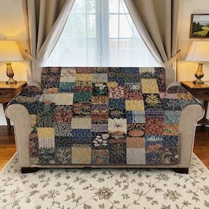 Aesthetic Wildflower Patchwork Sofa Cover, Vibrant Floral Collage Couch Protector, Luxury Quilted Boho Furniture, Custom Sofa Seat Cover