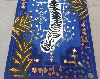 Blue Tiger Rug, Hand Tufted Jungle Wool Carpet, Botanical Animal Bedroom and Living Room Decor