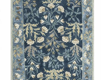 Blue Floral Wool Area Rug | Traditional Hand-Tufted Carpet