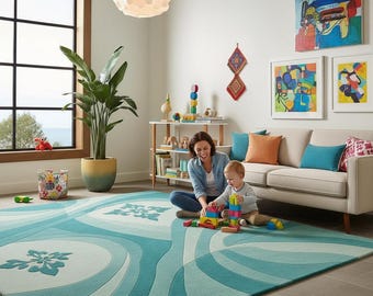 Abstract Teal Hand Tufted Rug | Modern Geometric Area Rug| Aqua Blue Wool Carpet