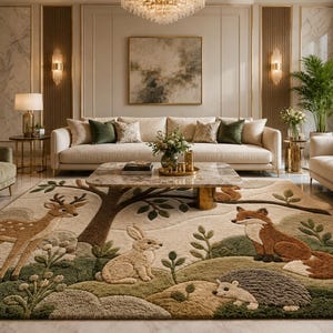May include: A rectangular area rug featuring a textured, tufted woodland scene with a deer, a rabbit, a fox, and a hedgehog. The design includes a large central tree, rolling green hills, and earthy tones of brown, beige, and olive green.