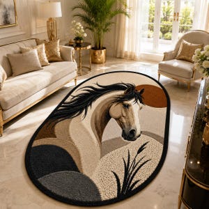 May include: An oval area rug featuring a stylised illustration of a horse head with a flowing black mane. The design incorporates shades of beige, tan, and dark grey, with a solid black border and a circular brown sun element in the background.