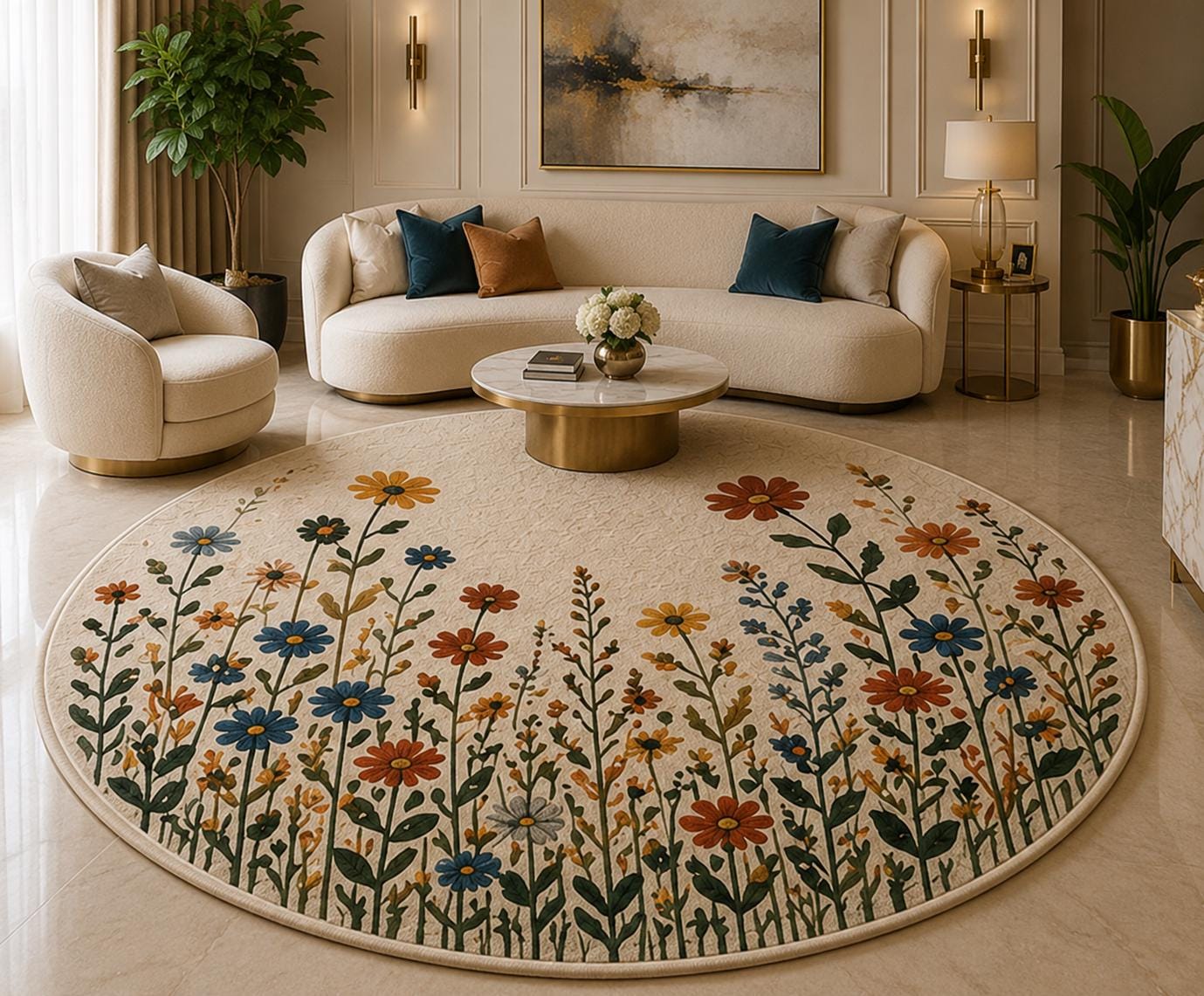 Hand Tufted Wildflower Round Rug, Floral Wool Area Rug, Botanical Cottagecore Carpet, Handmade Garden Flower Rug, Boho Round Rug
