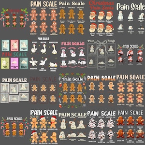 May include: A collection of Christmas-themed pain scale charts featuring gingerbread men, snowmen, elves, and Santa Claus. The scales range from "No Pain" to "Worst Pain Possible," with text labels in various fonts and colors.