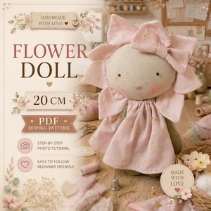Patrón de costura en PDF para muñeca de flores - Tutorial para muñeca de trapo de tela de 20 cm - Guía fotográfica paso a paso - Muñeca de tela estilo boho - Descarga digital