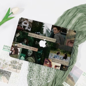 May include: A laptop skin featuring a collage of scenes from the movie Twilight, including images of characters, a house, and forest landscapes. The text reads, "And so the lion fell in love with the lamb," "You are my life now," and "What a stupid lamb."