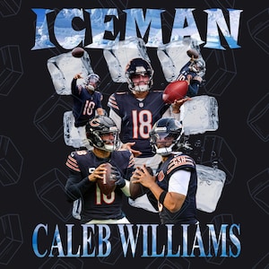 May include: A digital graphic featuring multiple images of a football player in a navy and orange uniform, with the text "ICEMAN" and "CALEB WILLIAMS" in blue and white. Ice cube graphics are also included.