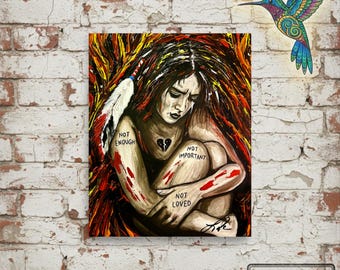 Marcado por el silencio que surge a través del fuego. Lámina artística Giclée – Serie Ella siempre fue fuego, lámina artística emotiva, retrato de mujer pintado.