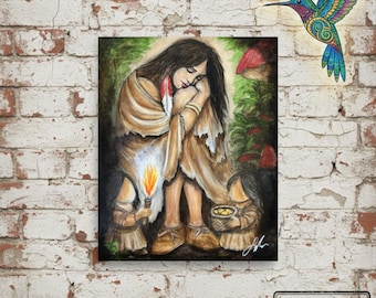 Where the Dogwoods Whisper Giclée Print – Little People Cherokee Inspired Art, Native Spiritual Canvas, Dogwood People Painting