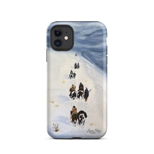 May include: A phone case featuring a painting of a group of people on horseback traveling through a snowy landscape. The artwork depicts figures in dark clothing and blankets, riding horses along a snow-covered path, with a blue sky in the background. The artist's signature is visible.