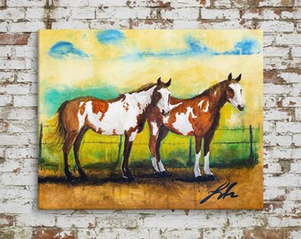 Tom and Jerry | Two Paint Horses Western Ranch Art | Contemporary Indigenous Fine Art | Museum-quality Fine Art Giclée by Layne Polzin