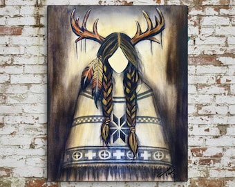 Deer Woman Native Spirit Canvas Print | Sacred Guardian Painting | Indigenous Mythology Wall Art | Contemporary Western Horse Artwork