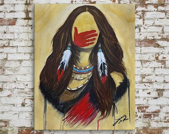 MMIW Red Hand Painting Canvas Print, Silenced Not Forgotten, Native American Woman Art, Indigenous Awareness Artwork