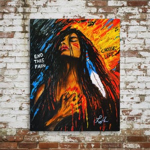 Impresión en lienzo Giclée "Ella eligió la vida" / Retrato emotivo de mujer / Pintura expresionista nativa americana / Arte sobre salud mental / Arte mural con simbolismo del fuego