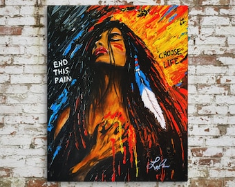 Impresión en lienzo Giclée "Ella eligió la vida" / Retrato emotivo de mujer / Pintura expresionista nativa americana / Arte sobre salud mental / Arte mural con simbolismo del fuego