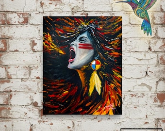 Impresión Giclée "Ella lleva fuego" – Expresionismo nativo / Símbolo de la fuerza, la liberación y la transformación femenina.