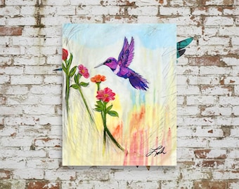 Messenger in the Garden Giclée Print – Contemporary Native Art Canvas Print, Colorful Hummingbird  & Floral Expressionism