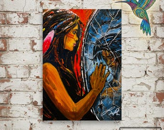 Impresión GICLÉE mate "Reflejo roto", pintura de autorreflexión emocional, arte de espejo de mujer nativa, obra de arte sanadora, significado profundo.