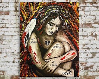 Impresión en lienzo Giclée «Marcada por el silencio que surge a través del fuego» – Serie «Ella siempre fue fuego», impresión artística emotiva, retrato de mujer.