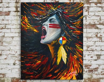 Impresión en lienzo Giclée "Ella lleva fuego" – Expresionismo nativo / Símbolo de la fuerza, la liberación y la transformación femenina.