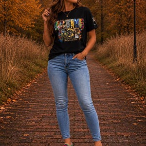 以下が含まれることがあります： カラフルな文字と画像で「Native Art」と書かれた黒いTシャツ。明るい青色のジーンズとカラフルな柄のスニーカーを履いています。背景にはレンガの小道と紅葉が見えます。