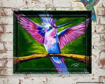 Hummingbird Fantasy Giclée Print – Colorful Native Inspired Spiritual Bird Painting, Vibrant Expressionist Canvas Wall Decor