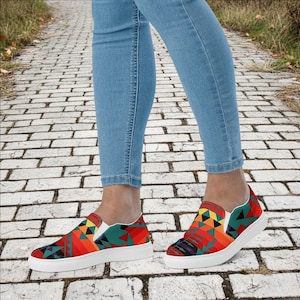 Women’s slip-on canvas shoes | "Firekeeper Path" Native American Shoes – Tribal Pattern Shoes – Indigenous Art Footwear