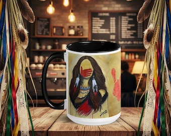 MMIW Red Hand Painting Mug with Color Inside, Silenced Not Forgotten, Native American Woman Art, Indigenous Awareness