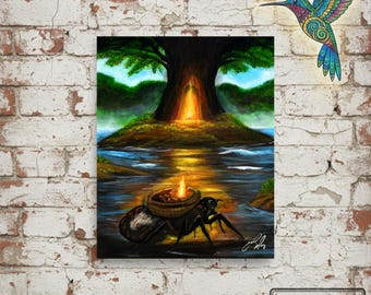 First Fire Cherokee Giclée Print – Water Spider Story, Native American Spiritual Painting, Symbolic Fire Artwork