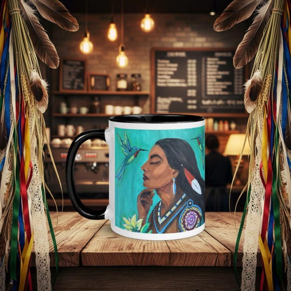 Hummingbird Mug: Spiritual Native Art - Colorful Handle and Rim