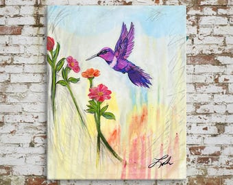 Messenger in the Garden Canvas Print – Contemporary Native Art Canvas Print, Colorful Hummingbird & Floral Expressionism