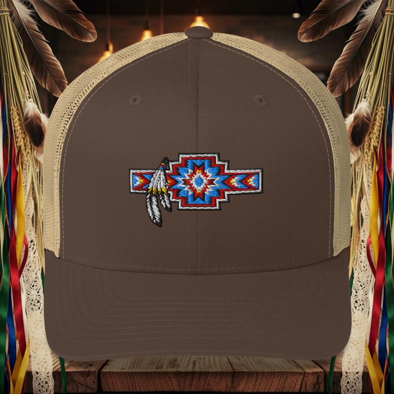 Aztec Feather Hat | Native Style Trucker Cap | Embroidered Snapback ...